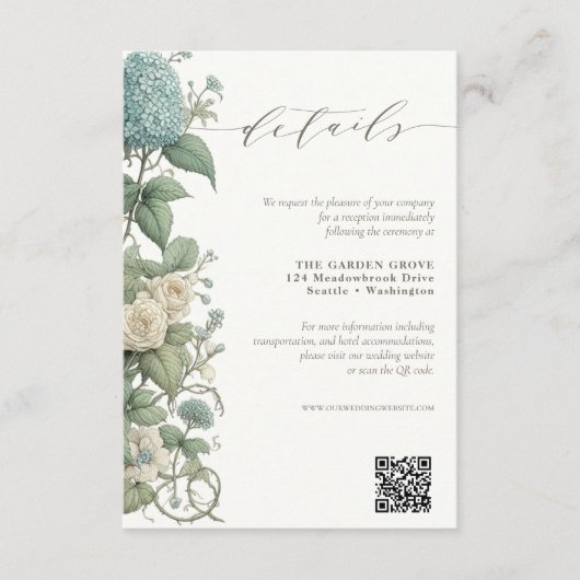 Elegante  Botanische Bruiloft Details QR-code Informatiekaartje (Voorkant)