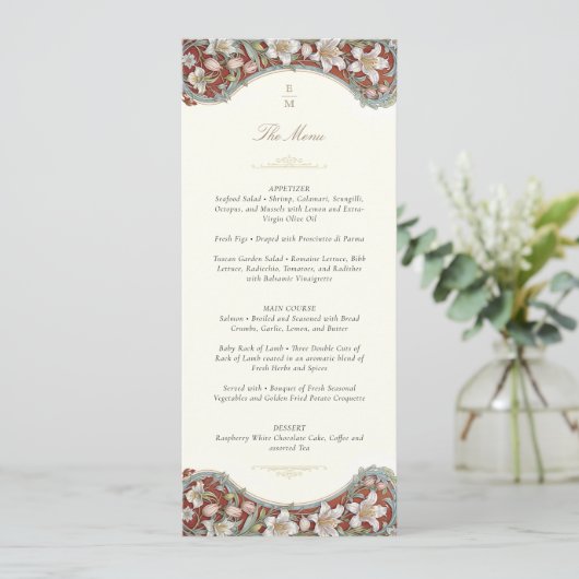 Elegante Botanische Bruiloft Menu Kaart (Staand voorkant)