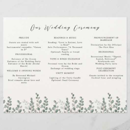 Elegante botanische bruiloft programma flyer met f (Achterkant)