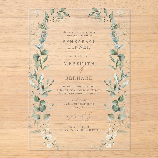 Elegante Botanische bruiloft repetitie diner Acryl Uitnodigingen (Voorkant)