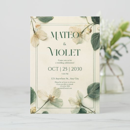 Elegante Botanische Bruiloft Uitnodiging (Staand voorkant)