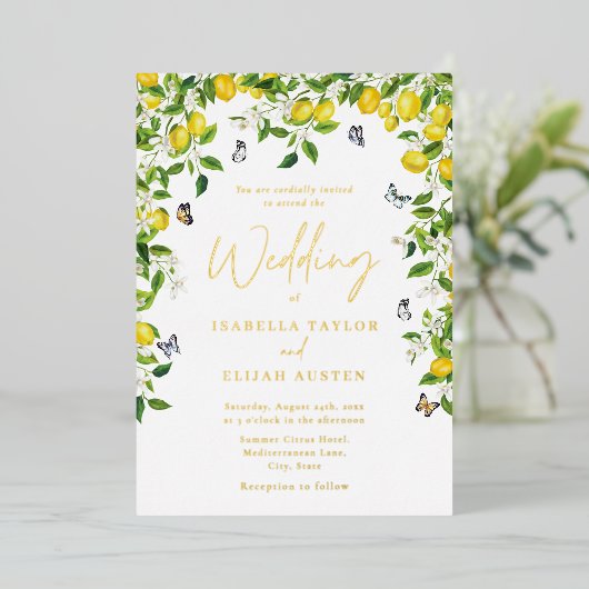 Elegante Botanische Citroen Bruiloft Goud Folie Uitnodiging (Staand Voorkant)