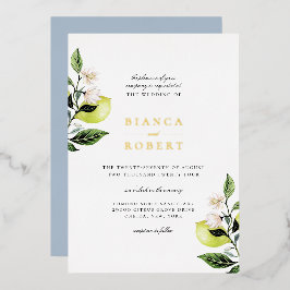 Elegante Botanische Citroenen Huwelijk Folie Uitnodiging