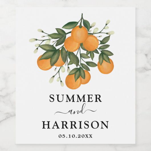 Elegante Botanische Citrus Sinaasappels Trouwgunst Wijn Etiket (Enkel label)