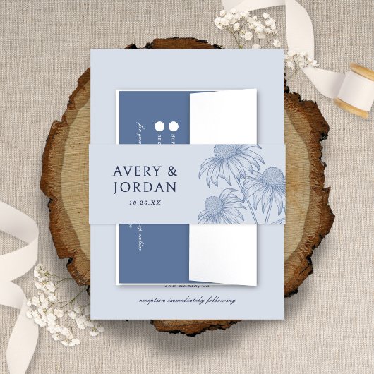 Elegante Botanische Coneflower Dusty Blue Wedding Uitnodigingen Wikkel