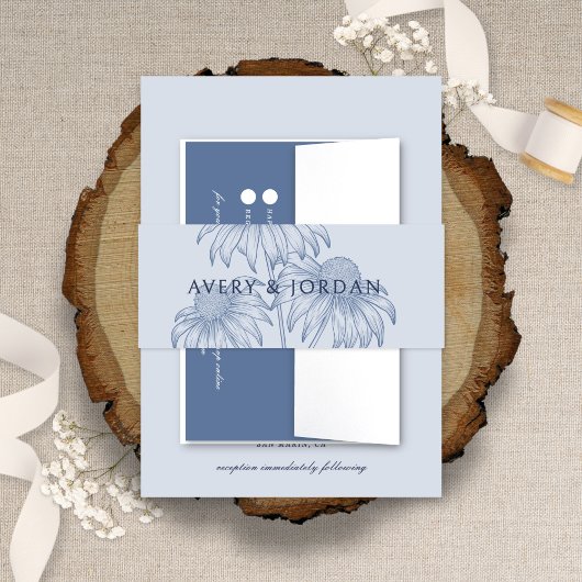 Elegante Botanische Coneflower Dusty Blue Wedding Uitnodigingen Wikkel