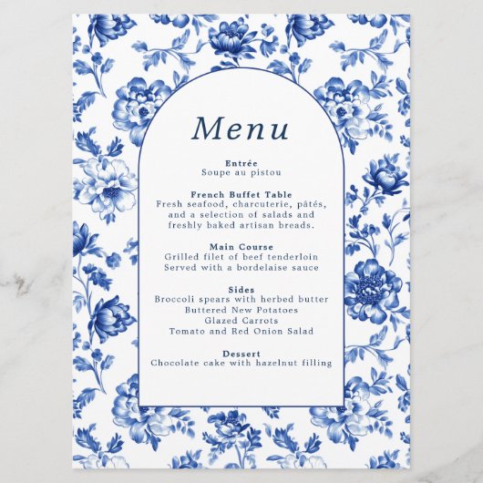 Elegante botanische Delfts blauw en crème menu (Voorkant)