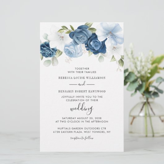 Elegante Botanische Dusty Blue bruiloft uitnodigin Briefpapier (Staand voorkant)