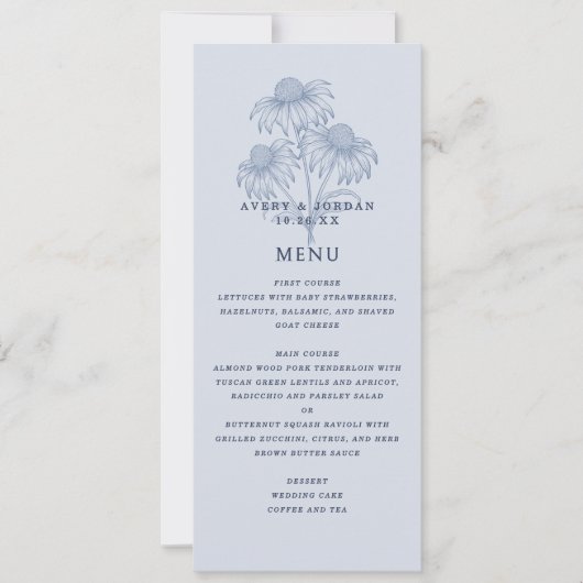 Elegante Botanische Dusty Blue Wedding Menu Kaart (Voorkant)