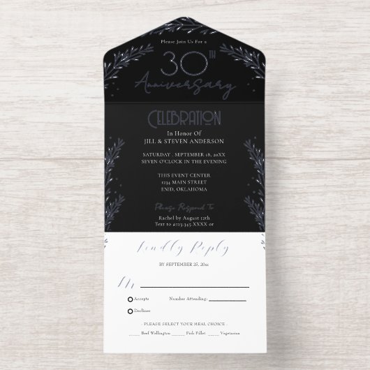 Elegante Botanische Echte Folie 30e Jubileum All In One Uitnodiging (Binnenkant)