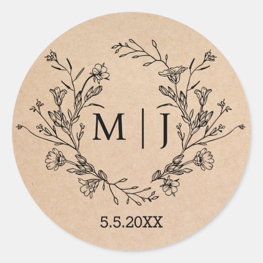 Elegante Botanische Eenvoudige Monogram Bruiloft K Ronde Sticker (Voorkant)