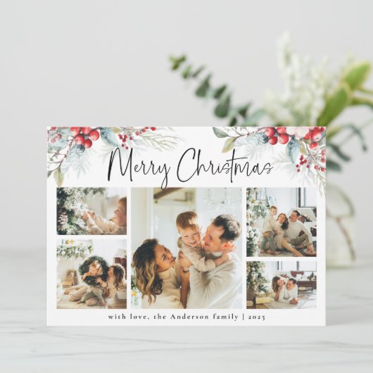 Elegante botanische en fotocollage rode kerst feestdagenkaart (Staand voorkant)