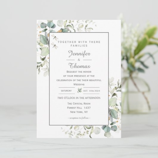 Elegante botanische eucalyptus groen Uitnodiging (Staand voorkant)