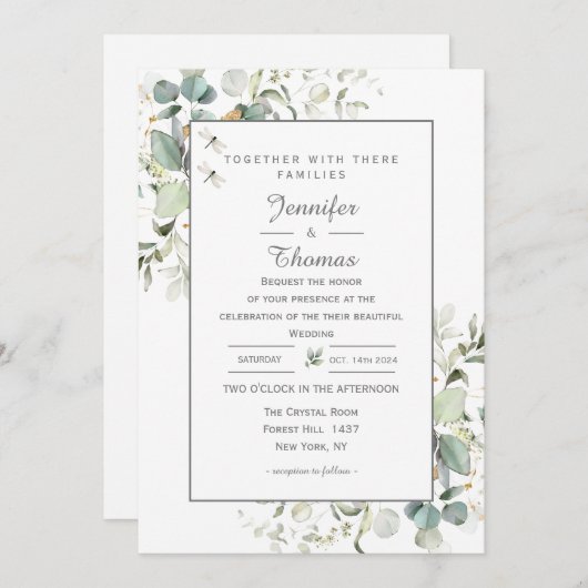 Elegante botanische eucalyptus groen Uitnodiging (Voorkant / Achterkant)