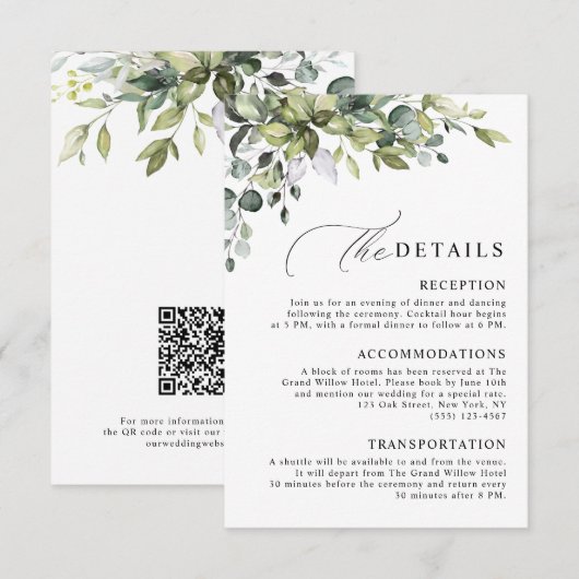 Elegante Botanische Eucalyptus QR Code Bruiloft Informatiekaartje (Voorkant / Achterkant)