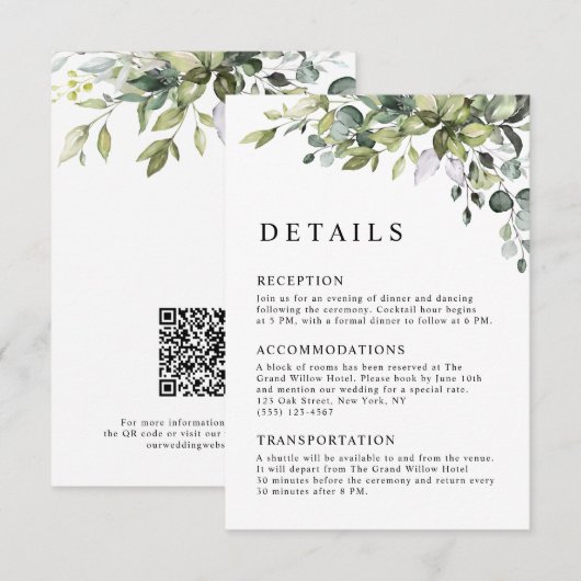 Elegante Botanische Eucalyptus QR Code Bruiloft Informatiekaartje (Voorkant / Achterkant)