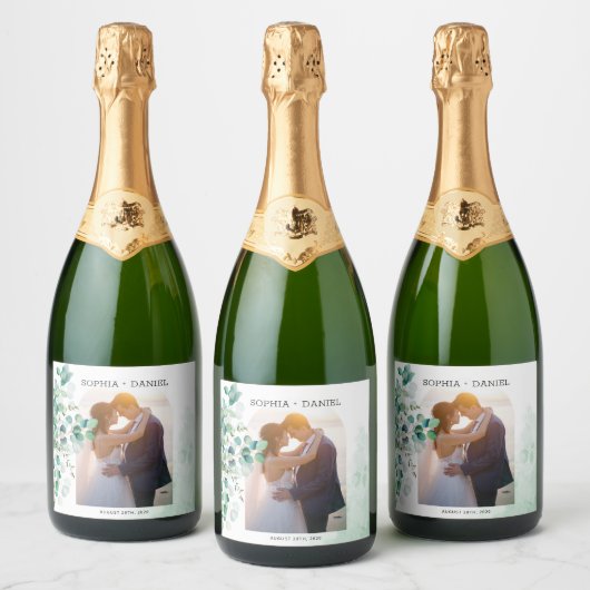 Elegante botanische eucalyptus verlaat fotobruilof sparkling wijnetiket (Flessen)