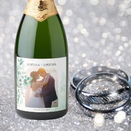 Elegante botanische eucalyptus verlaat fotobruilof sparkling wijnetiket