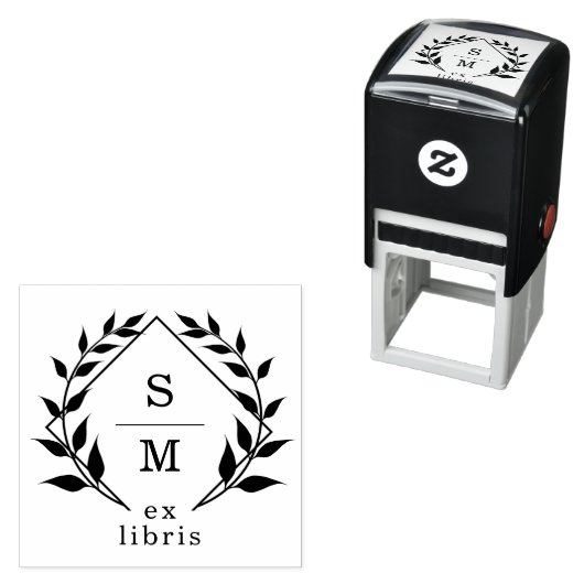 Elegante Botanische Ex Libris Monogram Bibliotheek Zelfinktende Stempel (In situ)