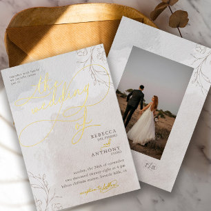 Elegante botanische fancy script huwelijksfoto folie uitnodiging