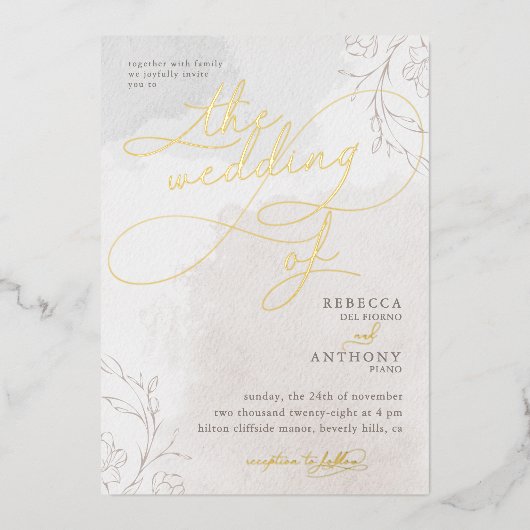 Elegante Botanische Fancy Script Trouwfoto Folie Uitnodiging (Voorkant)