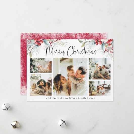 Elegante botanische fotocollage rode kerst feestdagenkaart (Voorkant / Achterkant in situ)