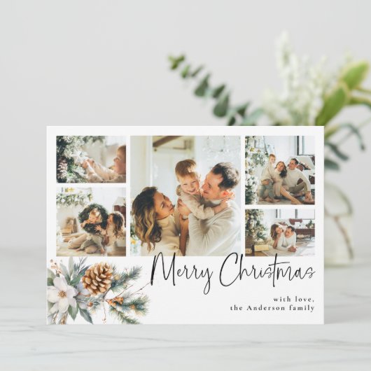 Elegante Botanische & Fotocollage Zwarte Kerst Feestdagenkaart (Staand voorkant)