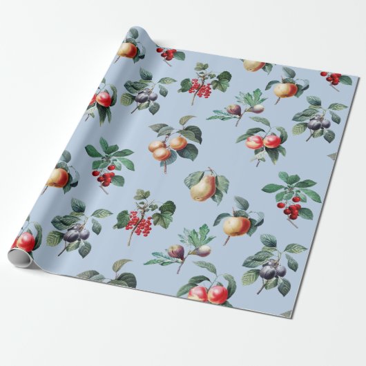 Elegante Botanische  Fruit Soft Blue Cadeaupapier (Uitgerold)