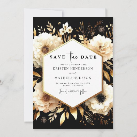 Elegante botanische gouden en zwarte bruiloft save the date (Voorkant)