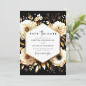 Elegante botanische gouden en zwarte bruiloft save the date (Staand voorkant)