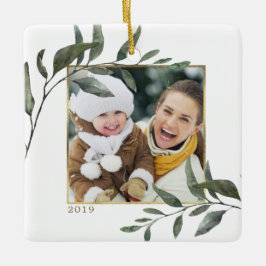 Elegante Botanische Gouden Folie Lijst Kerst Foto Keramisch Ornament