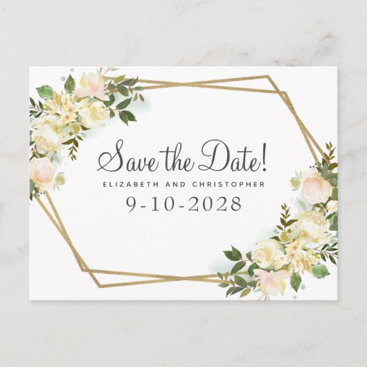 Elegante botanische gouden groen bladeren roos chi aankondigingskaart (Voorkant)