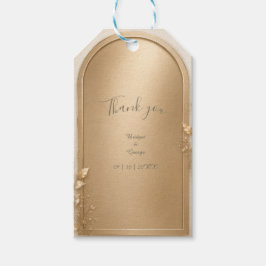 Elegante botanische gouden metalen trouwboog cadeaulabel