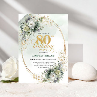 Elegante botanische groen 80ste verjaardagsuitnodi kaart