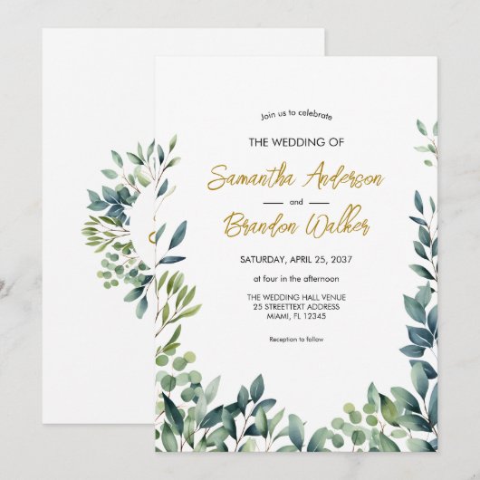 Elegante botanische groen bladeren Bruiloft Kaart (Voorkant / Achterkant)