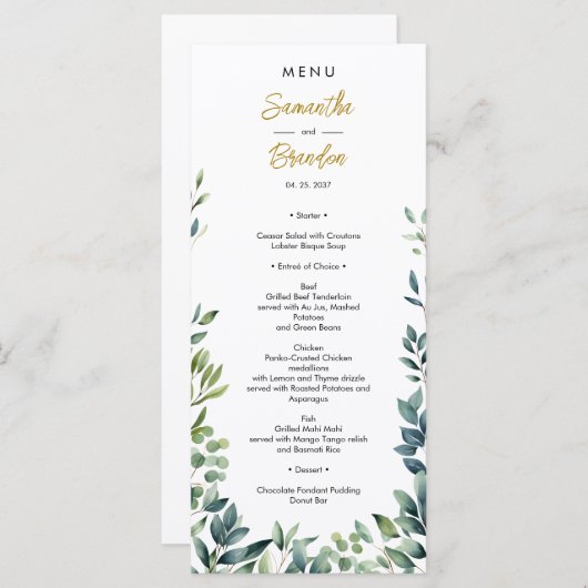 Elegante botanische groen bladeren Bruiloft Menu (Voorkant / Achterkant)