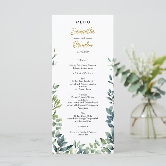 Elegante botanische groen bladeren Bruiloft Menu (Staand voorkant)