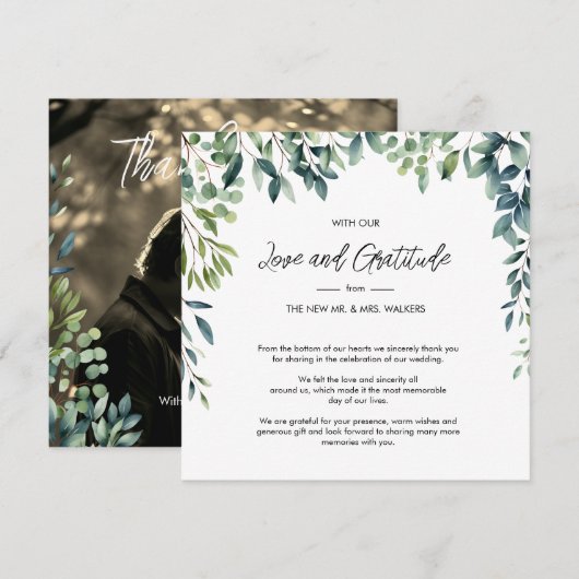 Elegante botanische groen bladeren Foto Bruiloft Bedankkaart (Voorkant / Achterkant)