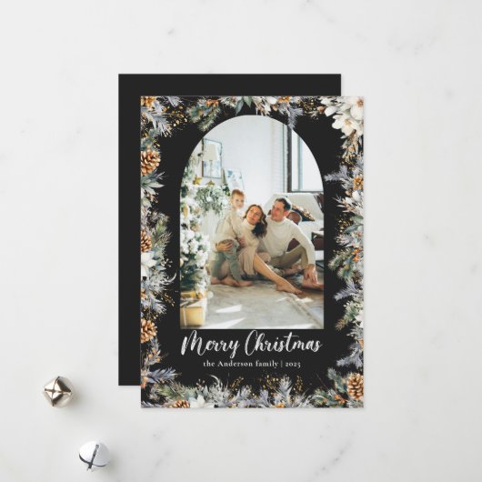 Elegante botanische groen & boog zwarte kerst feestdagenkaart (Voorkant / Achterkant in situ)