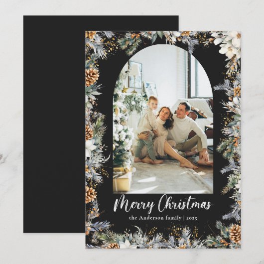Elegante botanische groen & boog zwarte kerst feestdagenkaart (Voorkant / Achterkant)