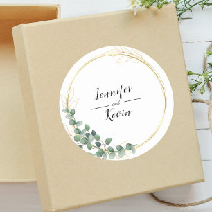Elegante Botanische Groen Goud Blad Bruiloft Favor Ronde Sticker