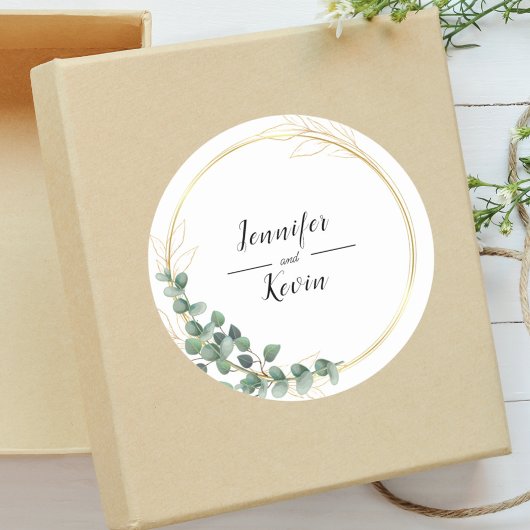 Elegante Botanische Groen Goud Blad Bruiloft Favor Ronde Sticker