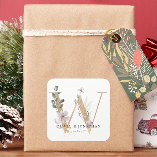 Elegante Botanische groen gouden bruiloft gunst Vierkante Sticker (Feestdagen)