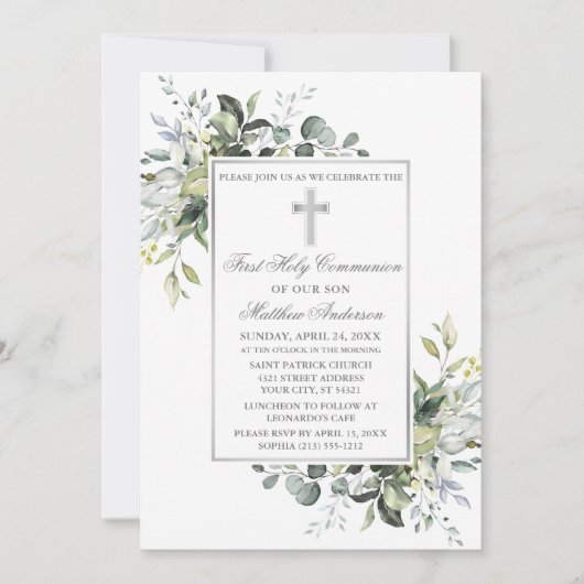Elegante botanische groen Heilige Communie zilver Kaart (Voorkant)