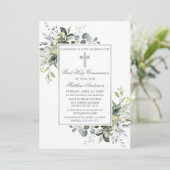 Elegante botanische groen Heilige Communie zilver Kaart (Staand voorkant)