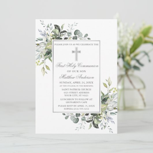 Elegante botanische groen Heilige Communie zilver Kaart (Staand voorkant)