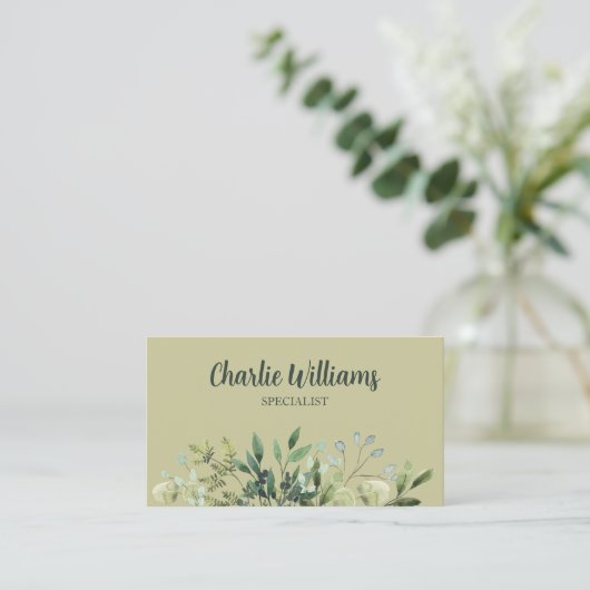 Elegante botanische groene bladeren aardse boho visitekaartje (Staand voorkant)