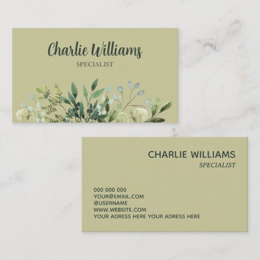 Elegante botanische groene bladeren aardse boho visitekaartje (Voorkant / Achterkant)
