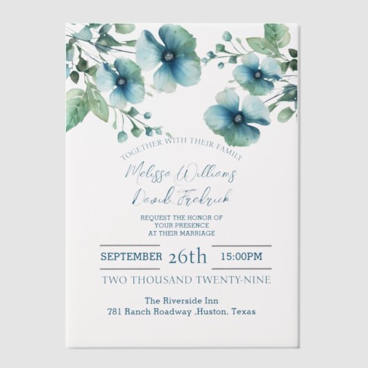 Elegante botanische groene blauwe bloemige bruilof vellum uitnodigingen (Voorkant)