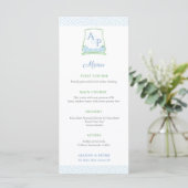 Elegante Botanische Groene Blauwe Monogram Bruilof Menu (Staand voorkant)